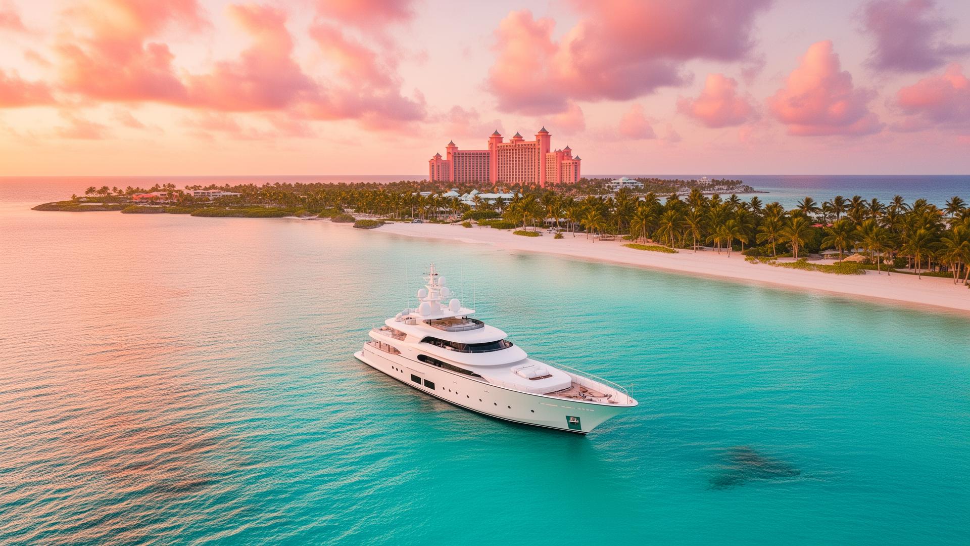 Luxury yacht anchored at Paradise Island, Nassau Bahamas at sunset