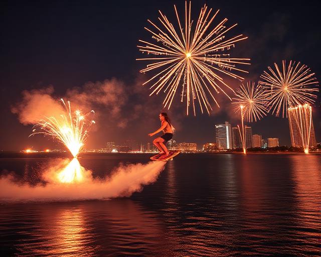 Nighttime Firework Flyboard Show
